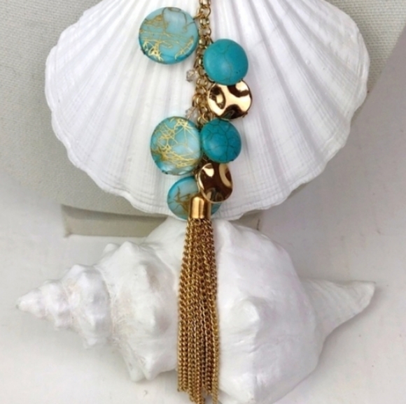 Gold & Marbled Turquoise Like Stone Fringed Beachy Vibe Lariat Bolo Necklace - Picture 9 of 12